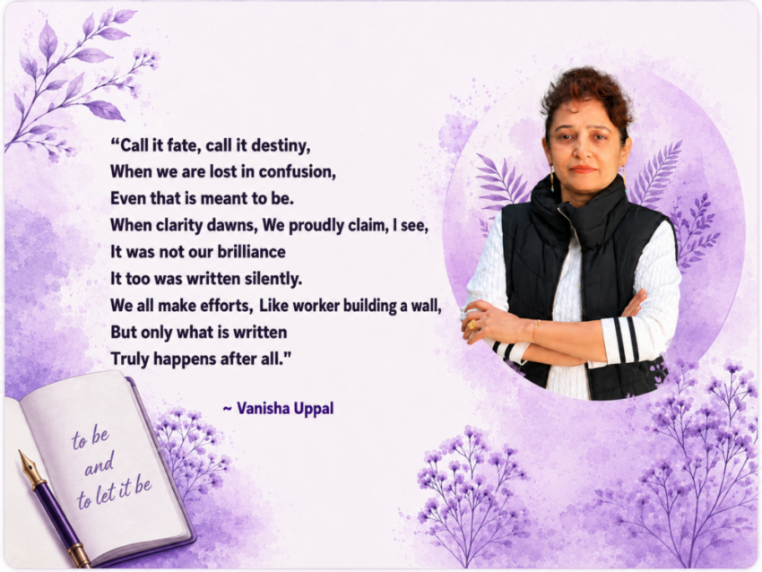 Call it fate, call it destiny. When we are lost in confusion, even that is meant to be. When clarity dawns, we proudly claim, I see, it was not our brilliance; it too was written silently. We all make efforts, like a worker building a wall, but only what is written truly happens after all. ~ Vanisha Uppal