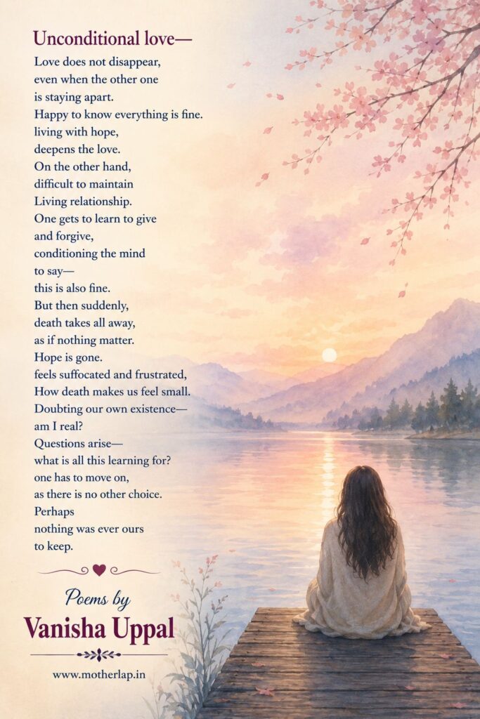 Unconditional love-
Love does not disappear, even when the other one is staying apart.
Happy to know everything is fine. living with hope, deepens the love.
On the other hand, difficult to maintain Living relationship.
One gets to learn to give and forgive, conditioning the mind to say-this is also fine.
But then suddenly, death takes all away, as if nothing matter.
Hope is gone.
feels suffocated and frustrated, How death makes us feel small.
Doubting our own existence-am I real?
Questions arise-what is all this learning for? one has to move on, as there is no other choice.
Perhaps nothing was ever ours to keep.