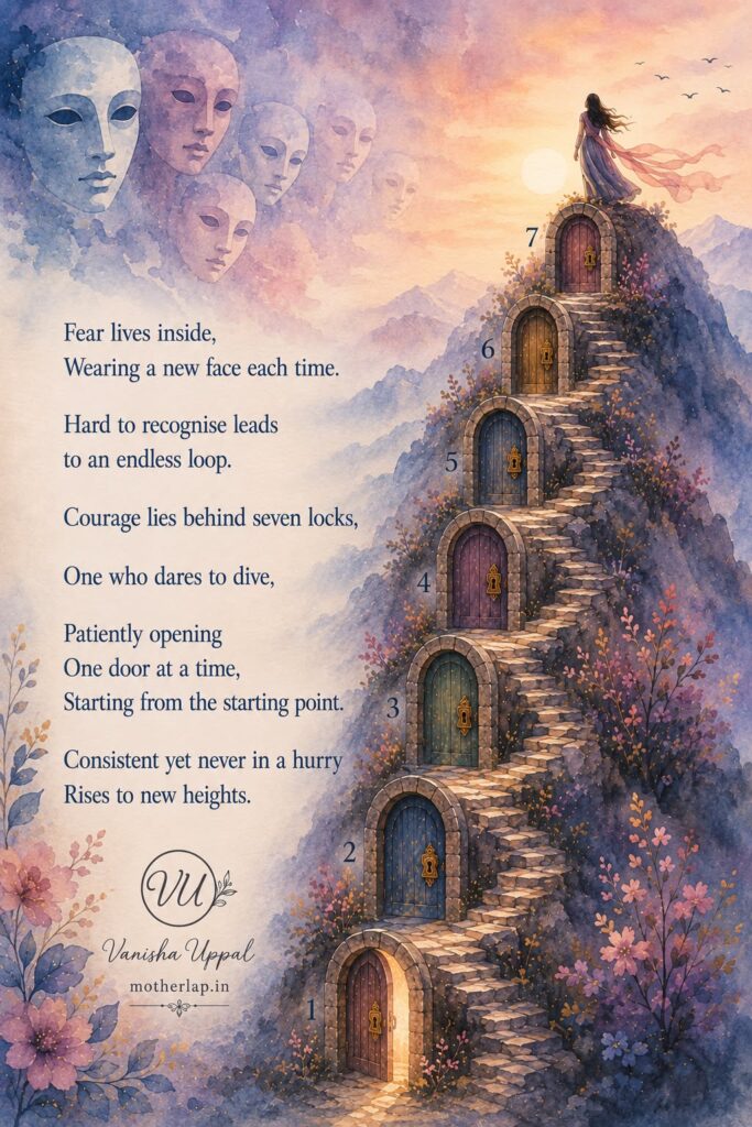 Fear lives inside, Wearing a new face each time.
Hard to recognise leads to an endless loop.
Courage lies behind seven locks,
One who dares to dive,
Patiently opening One door at a time, Starting from the starting point.
Consistent yet never in a hurry Rises to new heights.