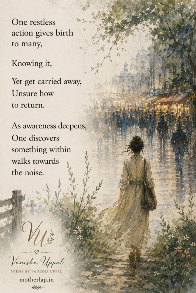 One restless action gives birth to many, Knowing it, Yet get carried away, Unsure how to return.
As awareness deepens, One discovers something within walks towards the noise.